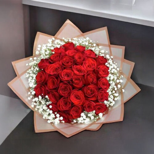 Classic Bouquet of 30 Red Roses with Baby's Breath